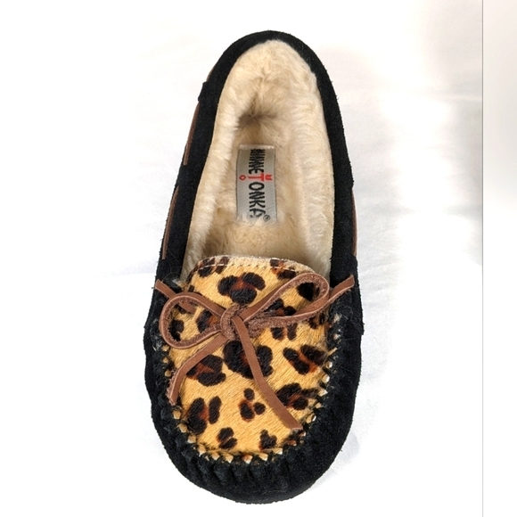 Minnetonka Leopard Print Cally Leather House Shoes Faux Fur Lined Size 5 - Picture 5 of 6